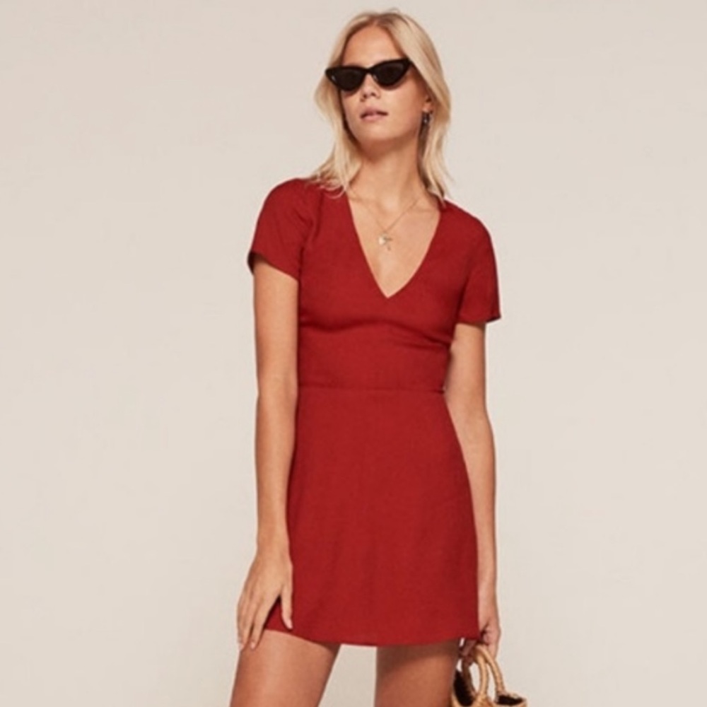 Reformation Durham Red V-Neck Mini Crepe Dress